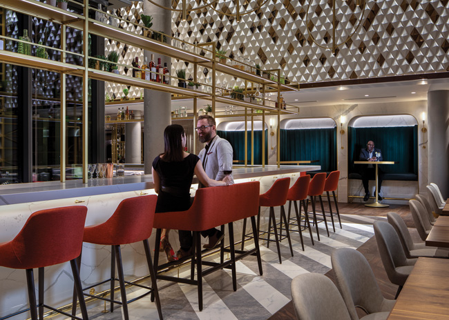 Gensler uses AI in early design stages to create visuals for custom design features, such as the abstract wall covering at MDRD restaurant in Grand Rapids, Mich., created from diamond-shape tiles. Image courtesy of Dan Ham