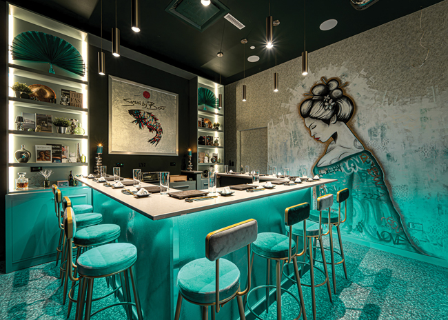 Sushi by Bou, Puerto Rico, features a dramatic mural near the bar. Each location has a unique design. Images courtesy of Sushi by Bou