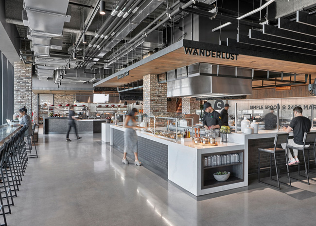 Aramark likes to have the most popular, and active stations close to the entrance so customers don’t have to pass any that are closed on quiet days. Image of Aramark HQ courtesy of Aramark Workplace Experience Group